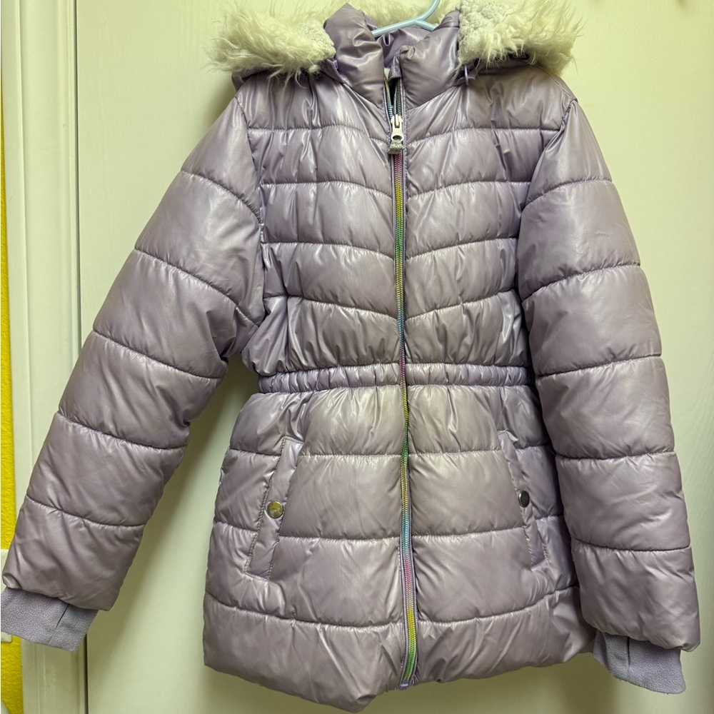 Kids Lavender Puffer Jacket with Faux Fur Hood